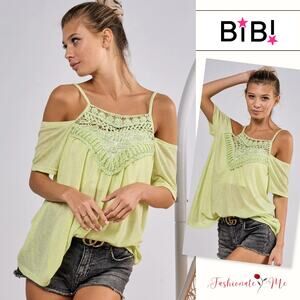 BiBi Front Crochet Lace Off Shoulder Adjustable Spaghetti Strap Top | Lime